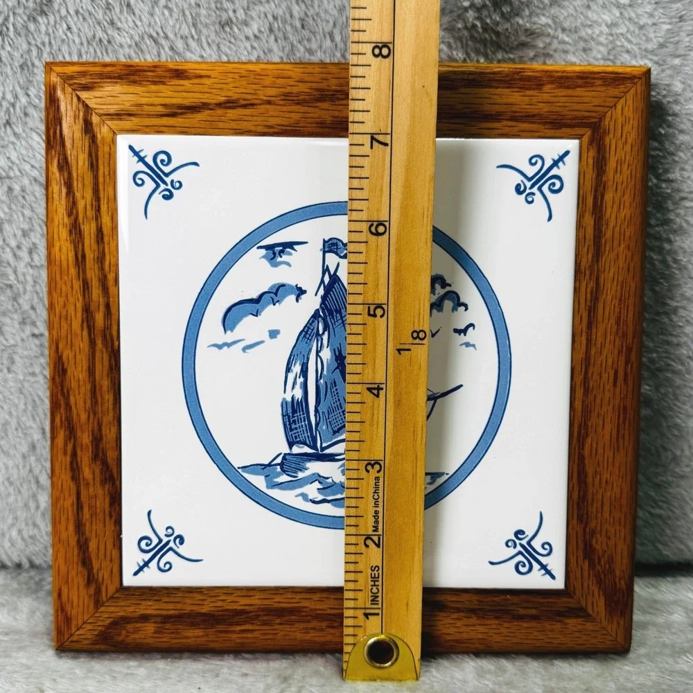 1994 Cape NC Sailboat Ceramic Tile Trivet Oak Frame Nautical Quality Delft Blue